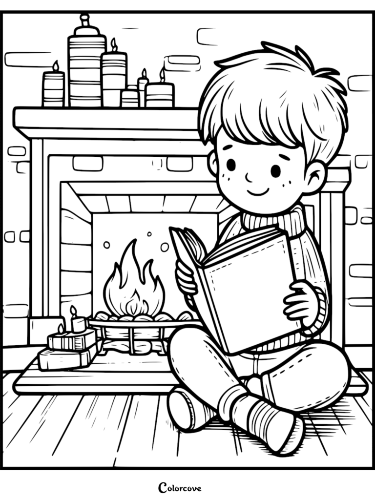 A printable coloring page featuring a boy in a sweater sitting on the floor reading a book in front of a cozy fireplace with candles.