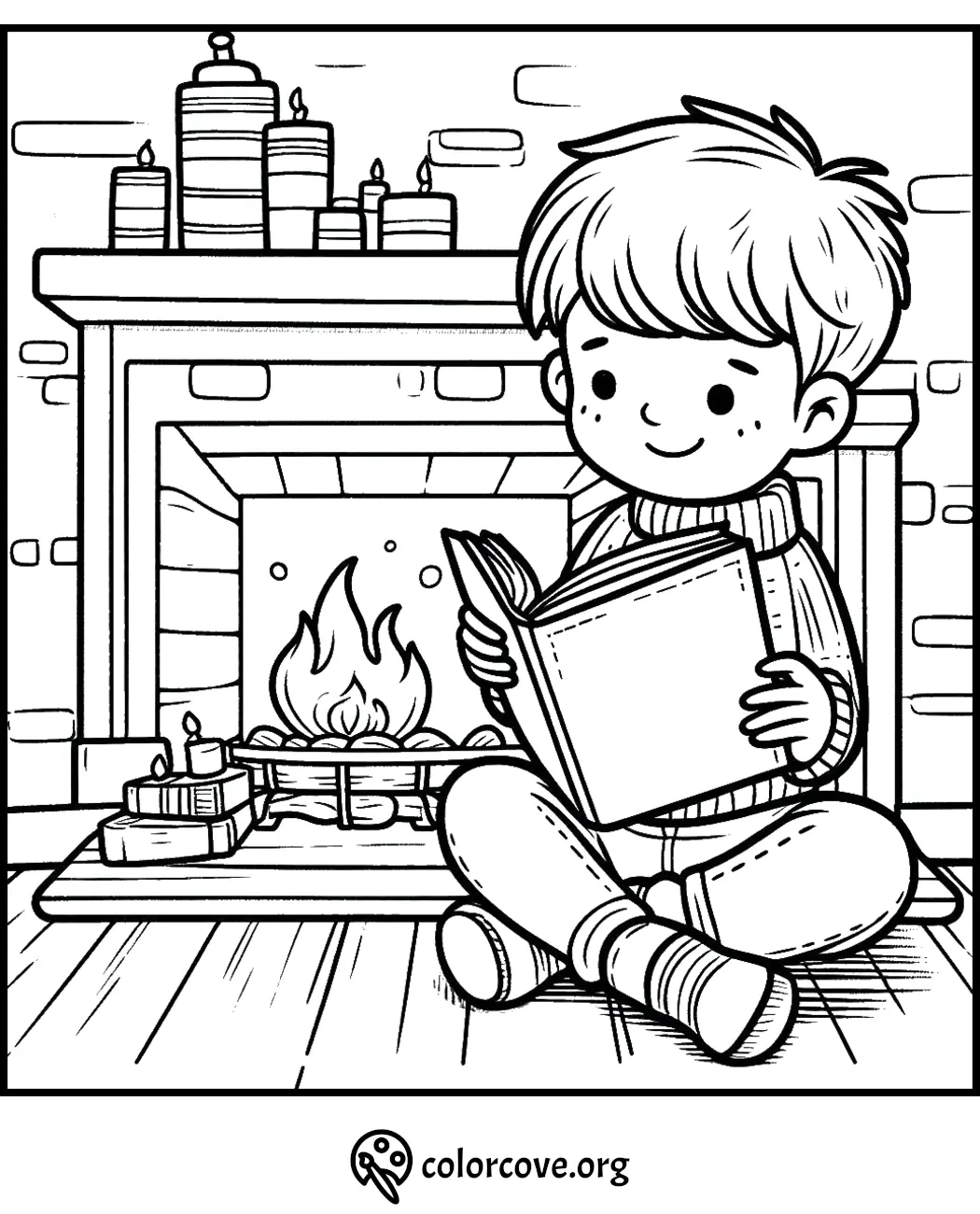 Child reading by a cozy fireplace with candles in a coloring page.