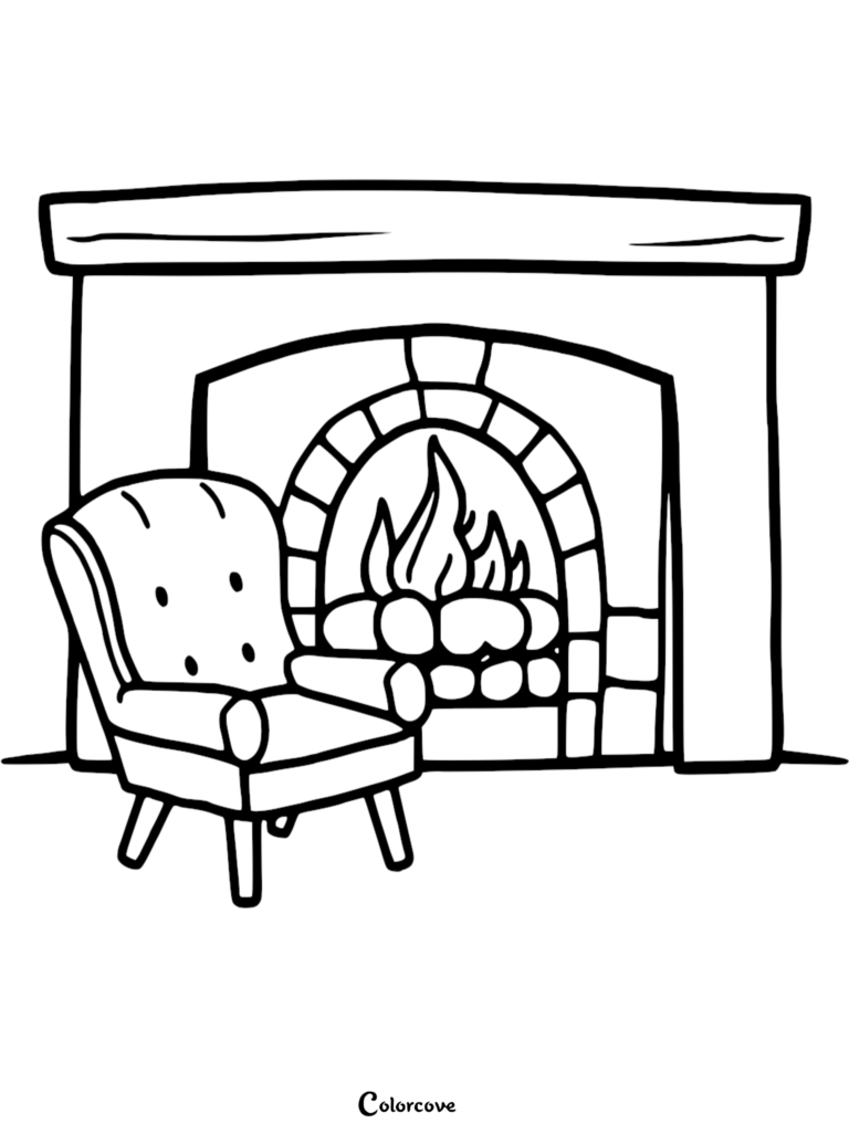 A printable coloring page featuring a plush armchair placed beside a stone fireplace with a roaring fire and stacked logs.