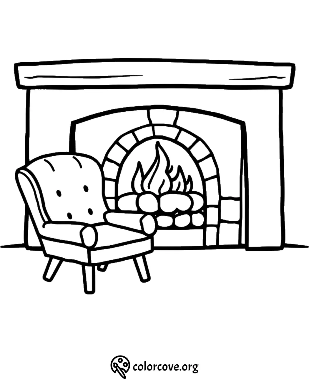 Cozy fireplace and armchair coloring page, perfect for relaxation and crafting creativity.