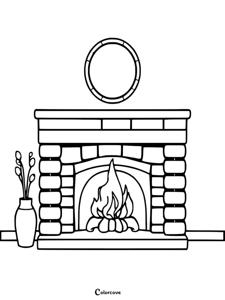A printable coloring page featuring a brick fireplace with a roaring fire, a decorative vase with branches, and an oval mirror mounted on the wall above the mantle.