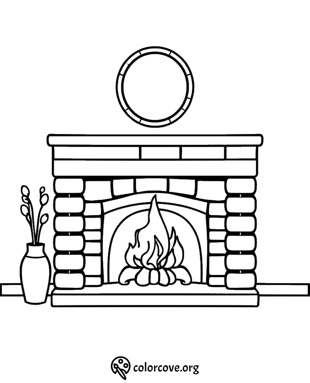 Cozy fireplace coloring page with stone details and a vase on the side. Perfect for winter-themed creativity.