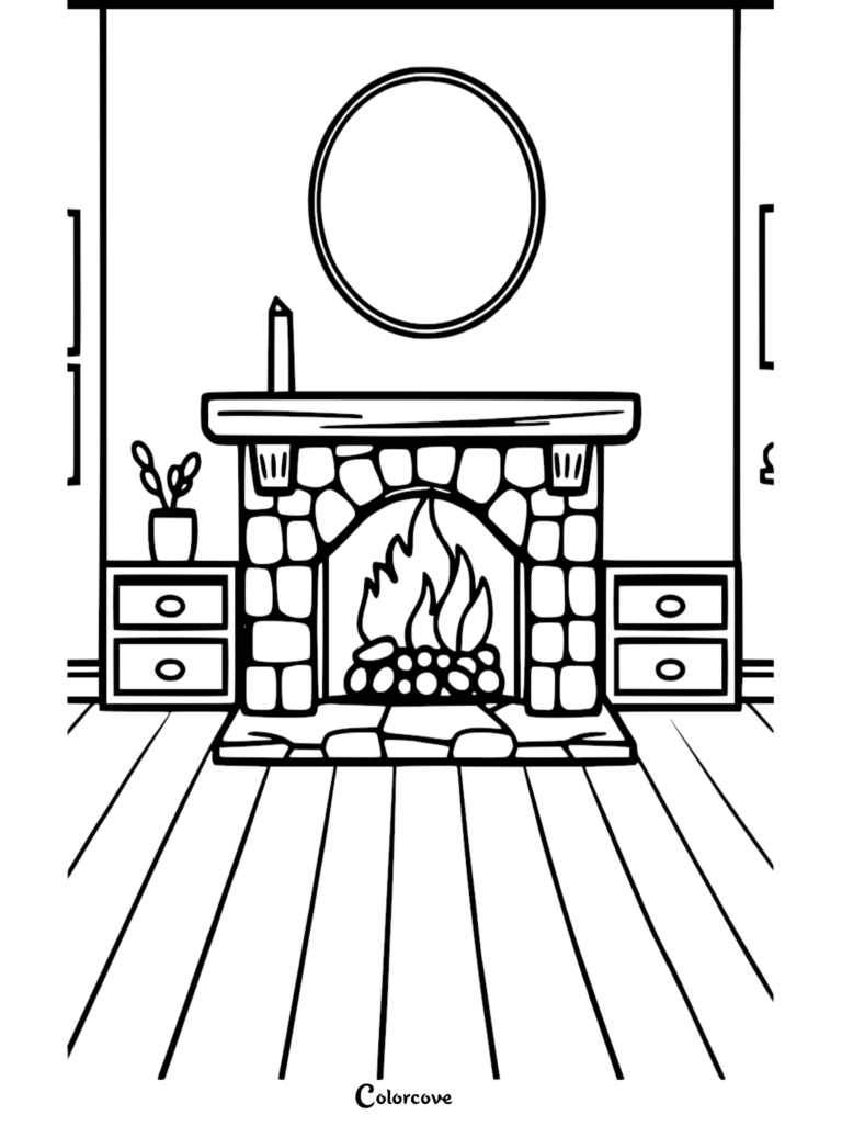 Line art coloring page featuring a stone fireplace with a crackling fire, mantel with a plant and candle, side cabinets, and a circular mirror hanging above.