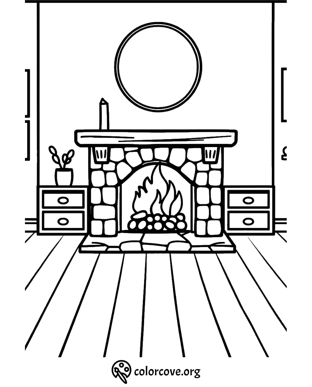 Cozy fireplace coloring page with stone hearth, candle, and potted plant. Perfect for relaxation and creativity.