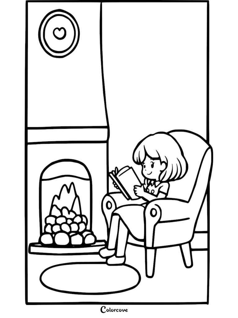 A cute girl with short hair sitting in an armchair reading a book next to a warm fireplace, a heart-shaped frame on the wall, black and white line art coloring page.