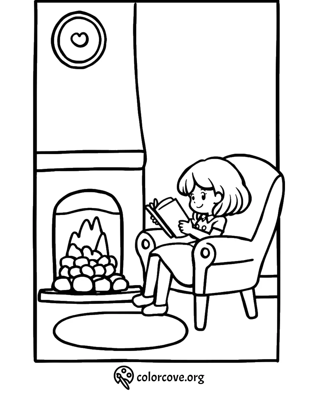 Child reads by fireplace on cozy chair - black and white coloring page illustration. Perfect for relaxing color activities.