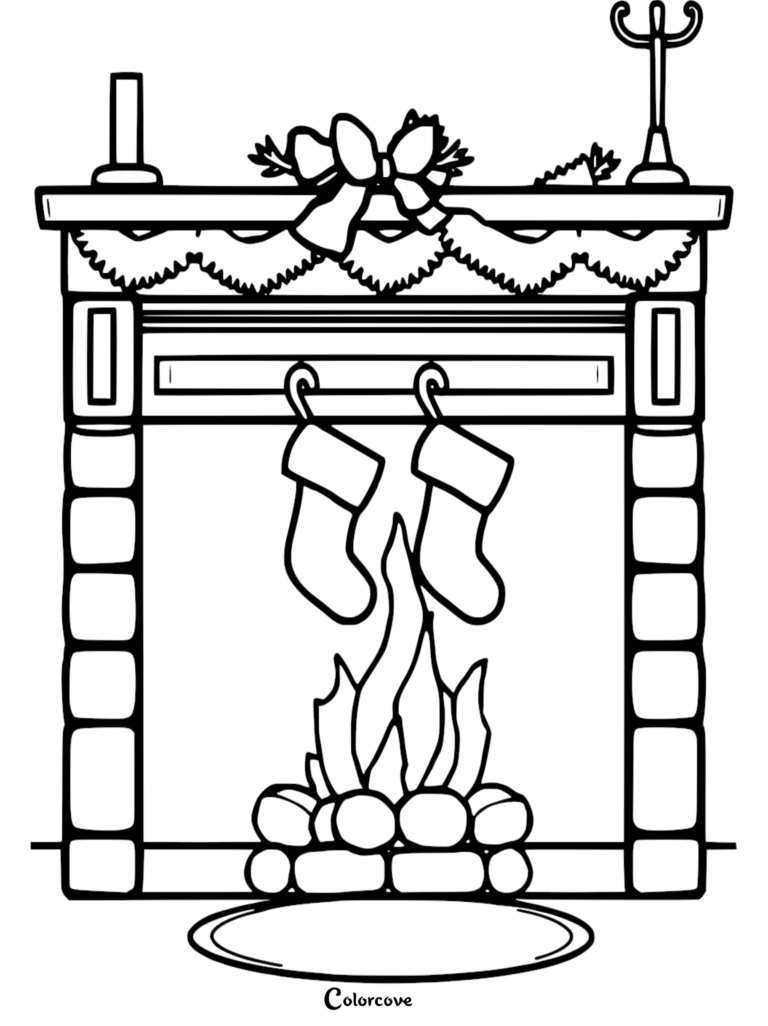 A festive stone fireplace coloring page featuring two hanging stockings, a decorative bow garland, and a roaring fire on a circular rug.