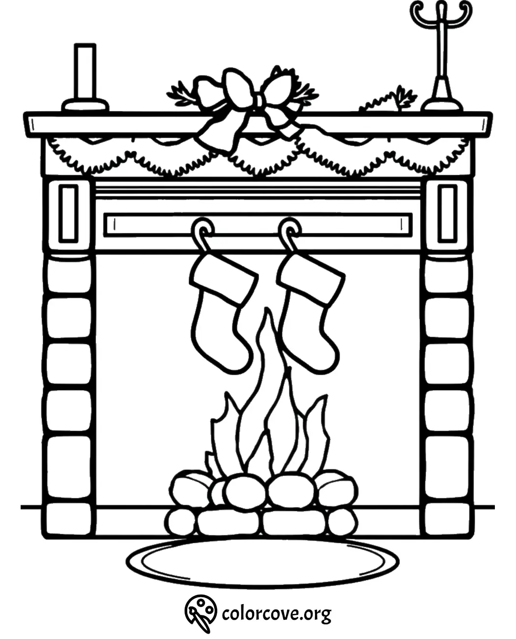 Christmas fireplace coloring page with stockings, garland, and bow, perfect for festive holiday decorations.