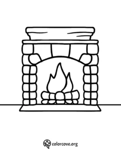 Coloring page of a rustic stone fireplace with a flame, ideal for kids and cozy home decor themes.