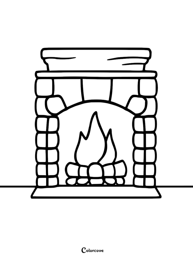 A simple black and white coloring page showing a rustic stone fireplace with a crackling fire and logs.