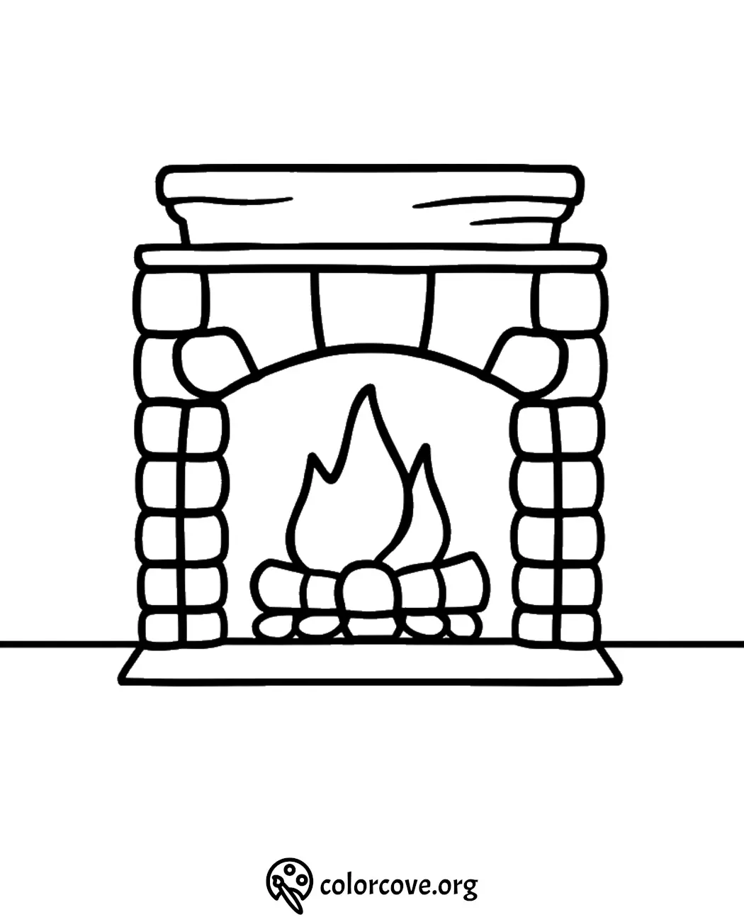 Coloring page of a rustic stone fireplace with a flame, ideal for kids and cozy home decor themes.