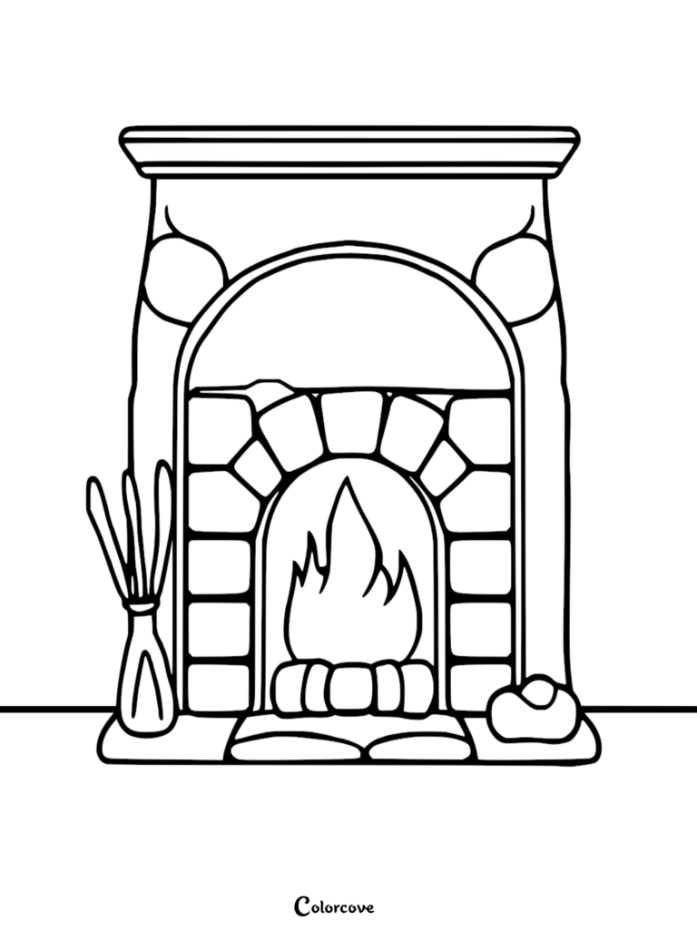A printable coloring page featuring a stone fireplace with a roaring fire, a vase of reeds, and a small pumpkin on the hearth.