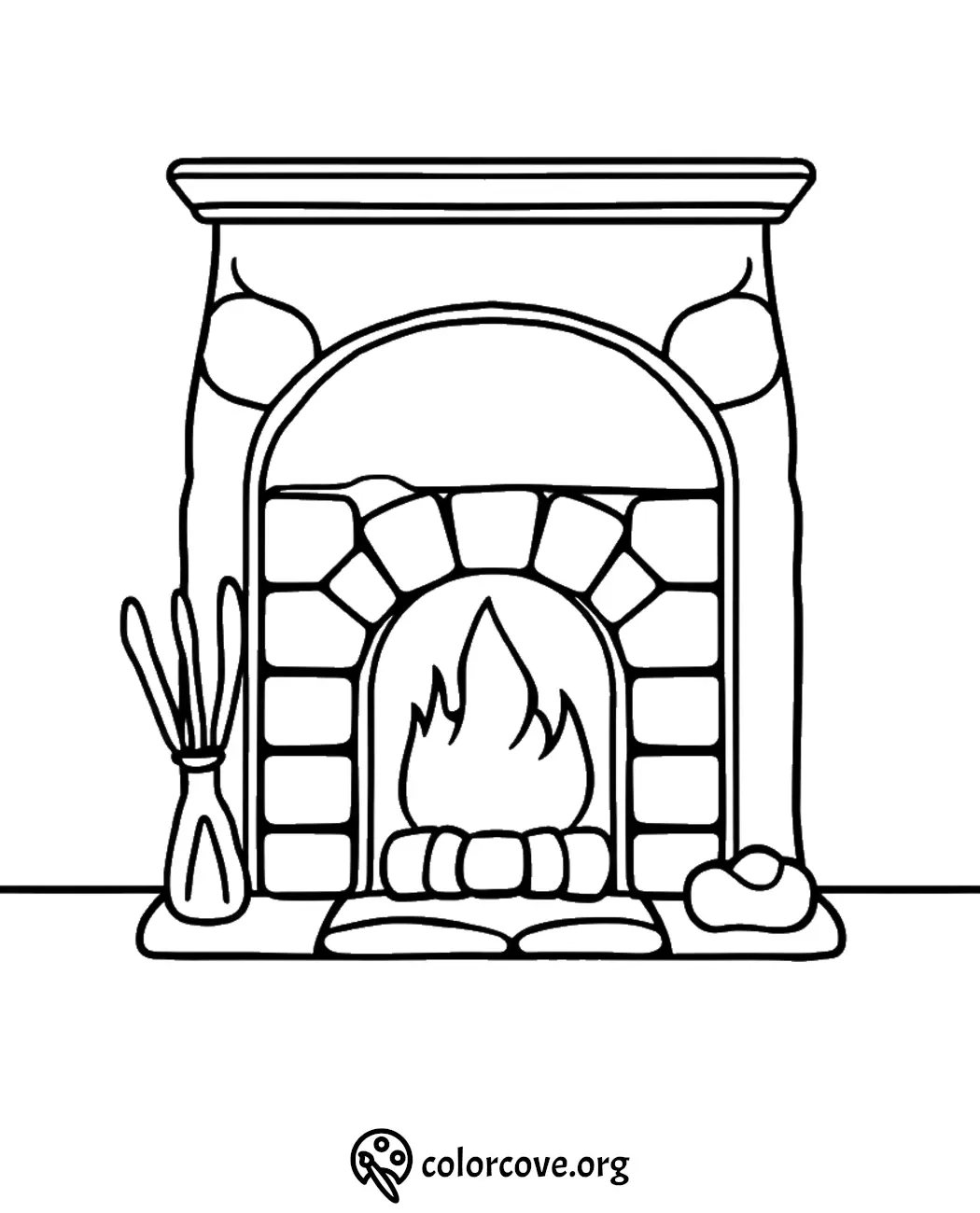 Cozy fireplace coloring page with fire and bricks, perfect for kids and adults to enjoy creative coloring fun.