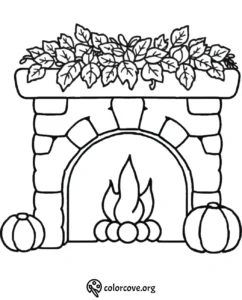 Cozy fireplace coloring page with pumpkins and leafy mantel decor. Perfect for fall and autumn-themed activities.