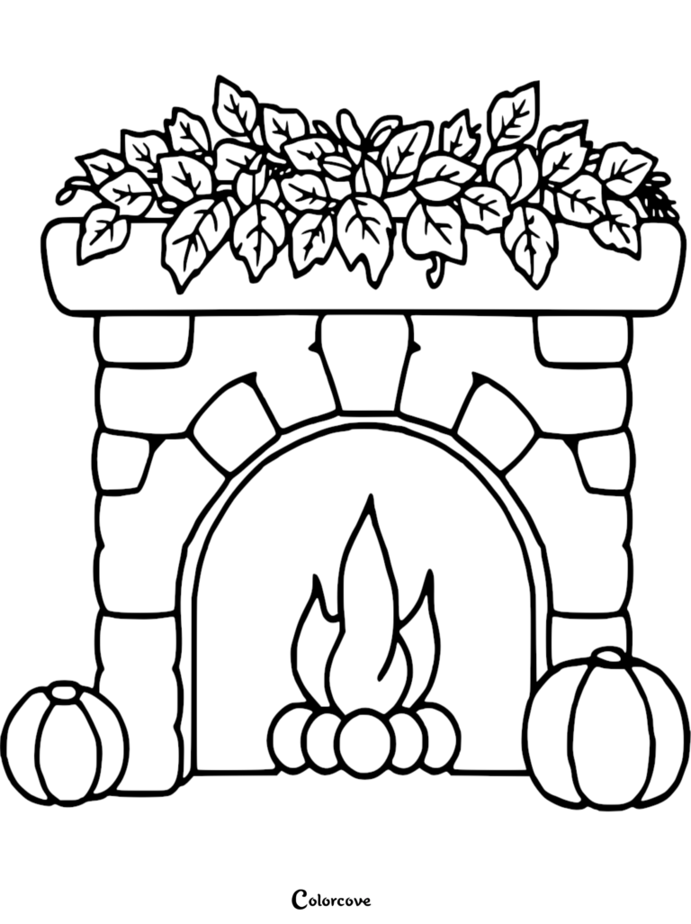 A printable coloring page featuring a rustic stone fireplace adorned with autumn leaves on the mantel and pumpkins on the floor.