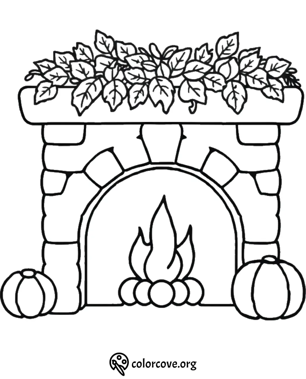 Cozy fireplace coloring page with pumpkins and leafy mantel decor. Perfect for fall and autumn-themed activities.