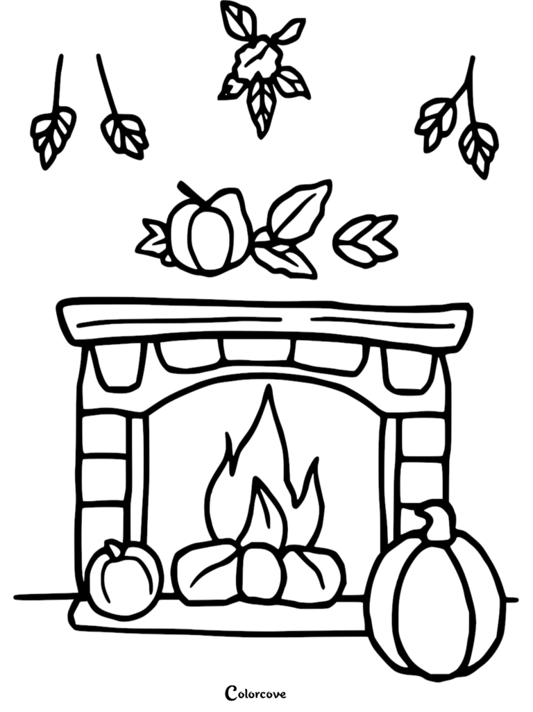 A printable coloring page featuring a cozy brick fireplace with a roaring fire, surrounded by pumpkins and falling autumn leaves.