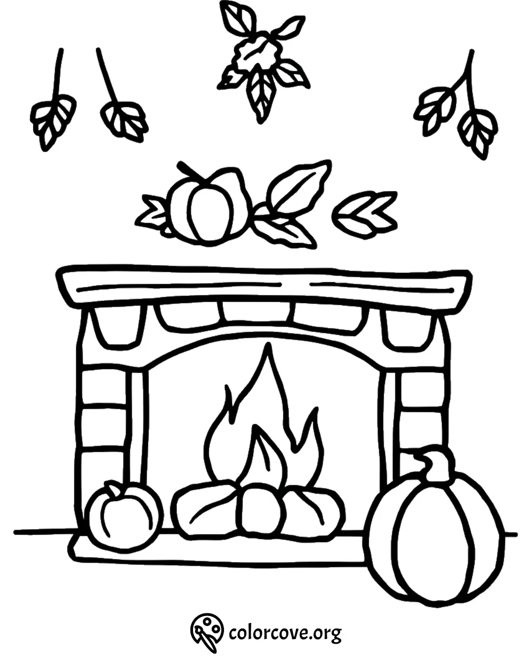 Cozy fireplace coloring page with pumpkins and autumn leaves for seasonal relaxation and creativity.