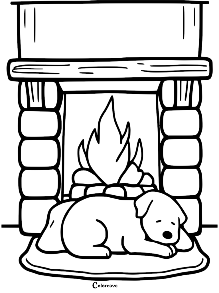 A printable coloring page featuring a cute puppy sleeping on a rug in front of a stone fireplace with a crackling fire.