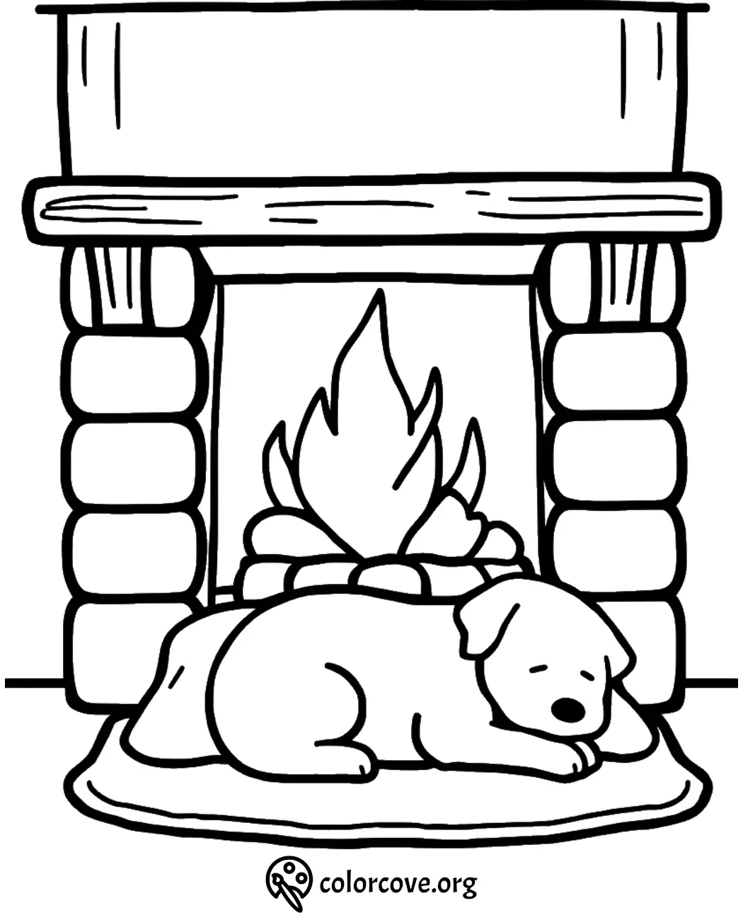 Cozy dog sleeping by fireplace coloring page for kids and adults. Relaxing art for winter days.