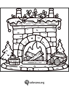 Cozy fireplace coloring page with logs, chimney, and holiday decorations for a festive feel. Perfect for a winter activity.