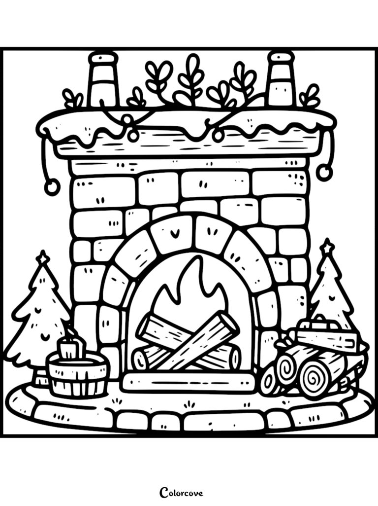 A printable coloring page featuring a cozy brick fireplace with crackling logs, a decorated mantel with greenery, and miniature Christmas trees on the hearth.