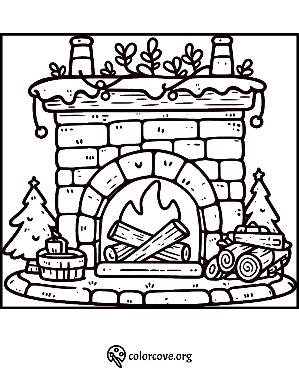 Cozy fireplace coloring page with logs, chimney, and holiday decorations for a festive feel. Perfect for a winter activity.