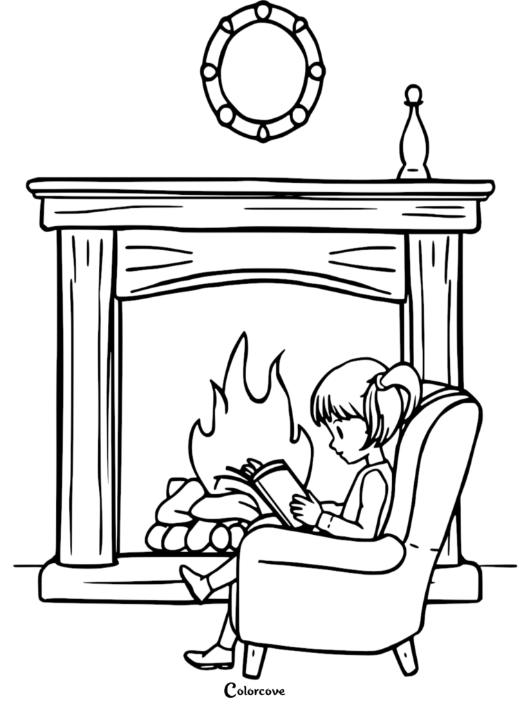 A young girl with ponytails reading a book in an armchair by a roaring fireplace coloring page with a decorative wall mirror.