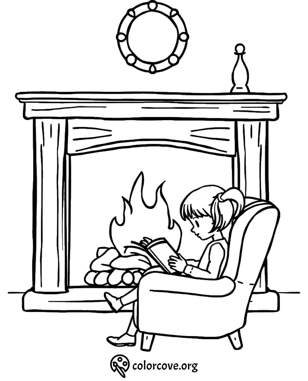 Child reading by fireplace coloring page. Cozy indoor scene with chair and fire. Relaxing activity for kids.