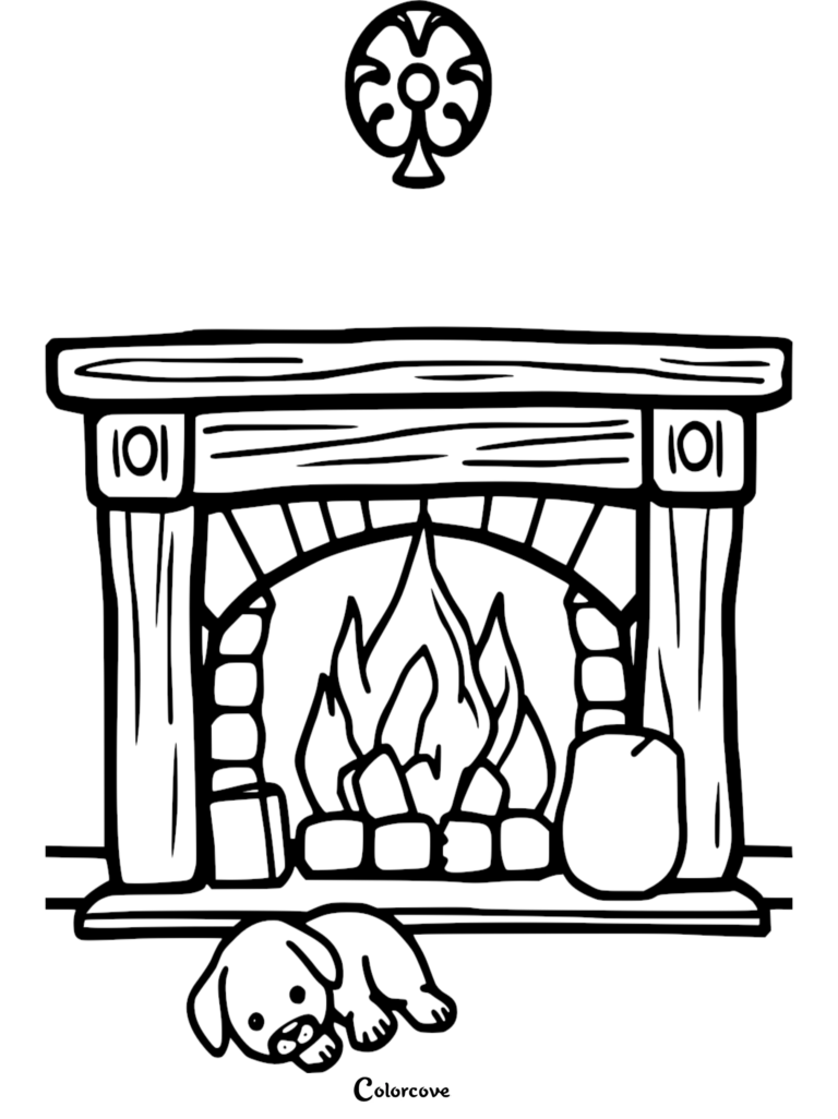 A simple line art coloring page of a stone fireplace with a roaring fire, containing a small puppy resting on the floor in front, topped with a decorative circular emblem.