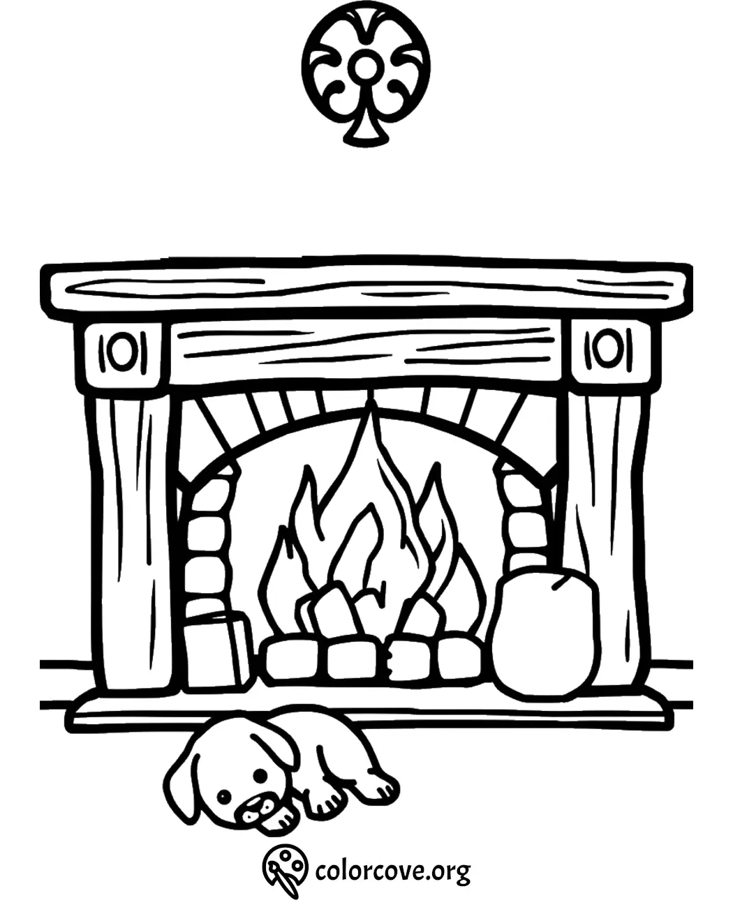 Cozy fireplace coloring page with a cute puppy in front, perfect for children and relaxing winter activities.