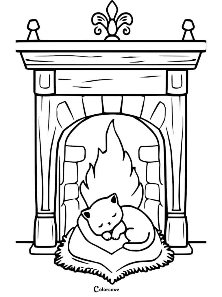 A printable coloring page of a small kitten curled up sleeping on a soft pillow in front of a rustic stone fireplace with a decorative fleur-de-lis mantle.