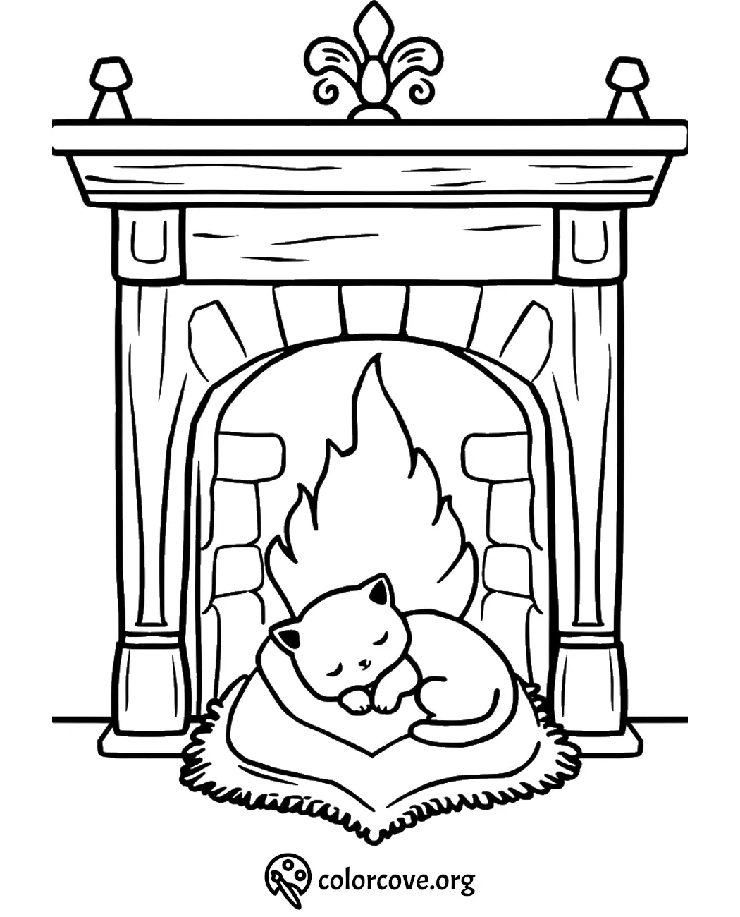 Cozy cat sleeping by fireplace coloring page, perfect for relaxing and creative activities for kids and adults.