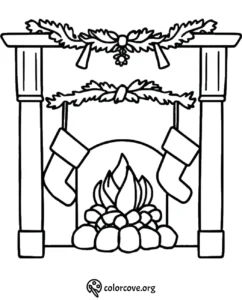 Cozy fireplace coloring page with stockings and holly garlands, perfect for a festive Christmas activity.
