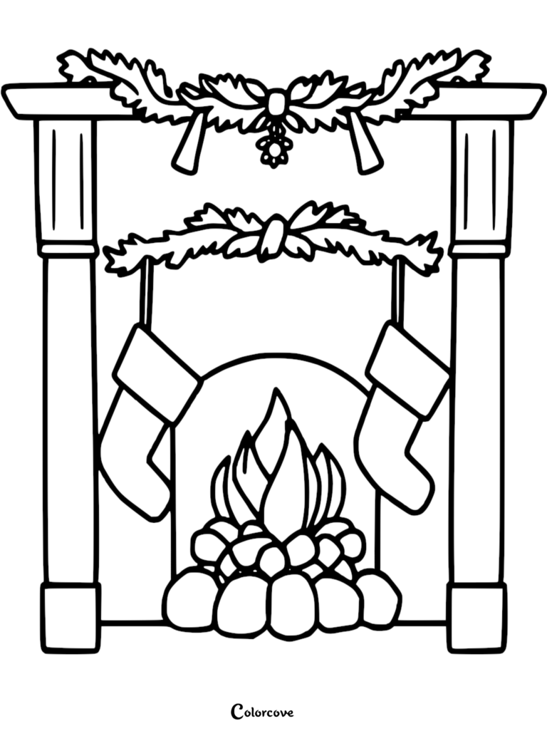 A festive fireplace coloring page featuring a roaring fire, two hanging Christmas stockings, and decorative evergreen garland on the mantel.
