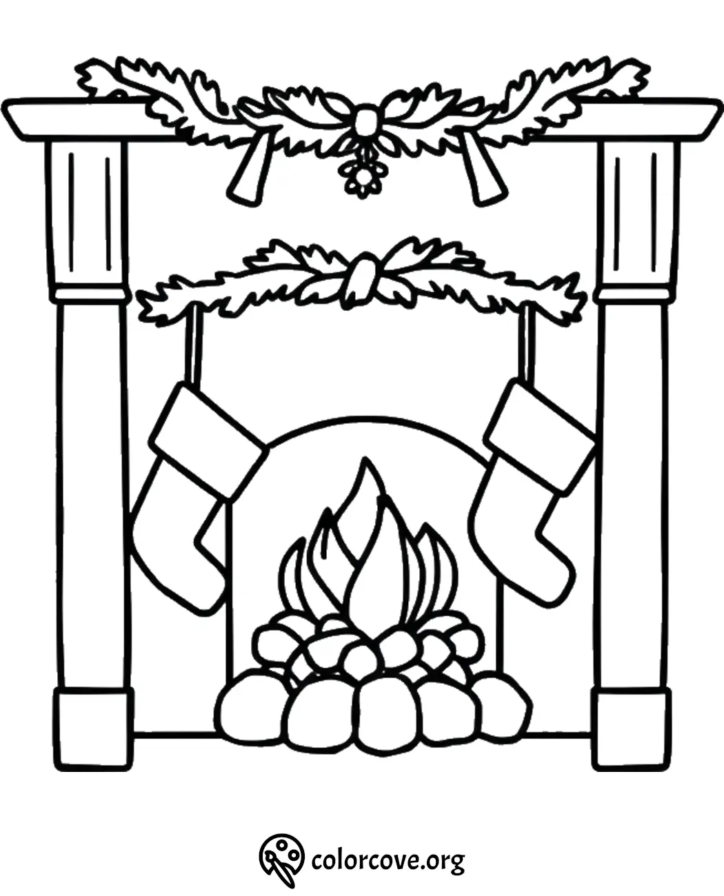 Cozy fireplace coloring page with stockings and holly garlands, perfect for a festive Christmas activity.