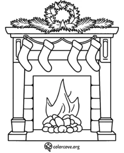 Christmas fireplace coloring page with stockings, wreath, and fire. Perfect for holiday-themed creative activities.