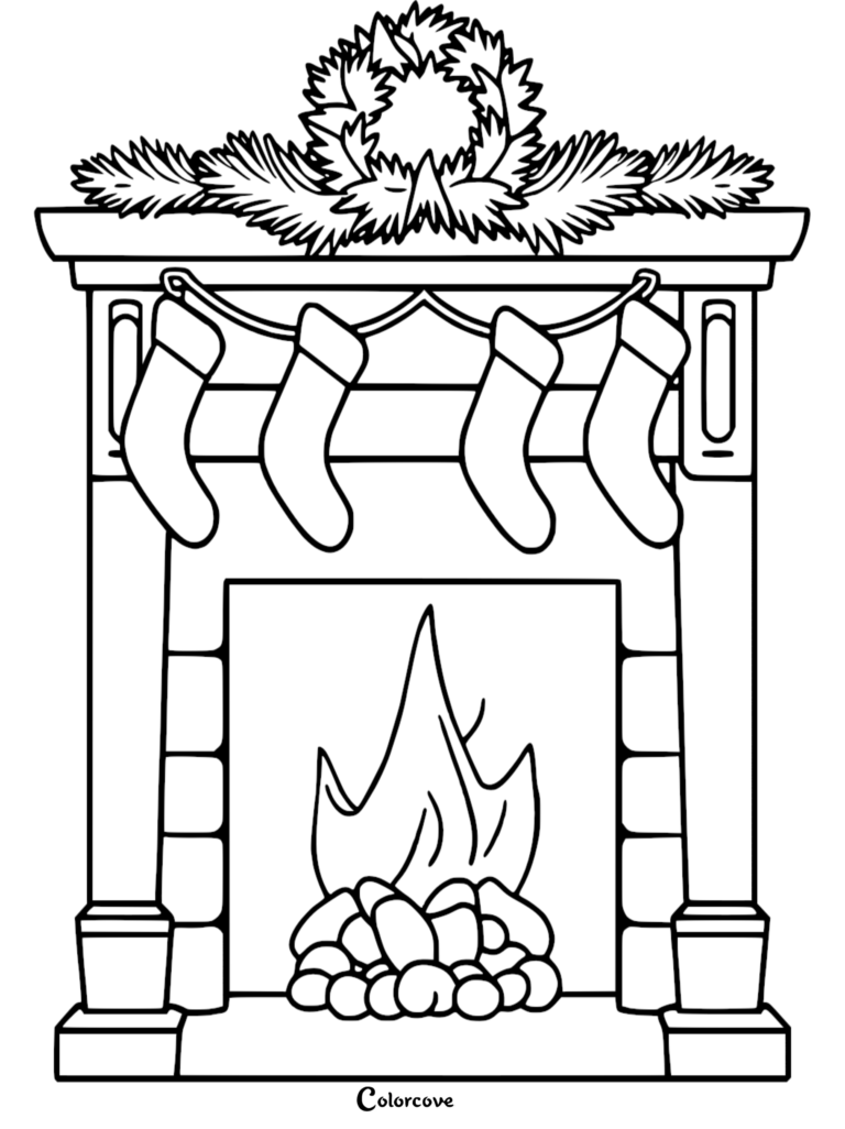 A printable coloring page of a stone fireplace with four hanging Christmas stockings and a festive pine wreath above the mantle.