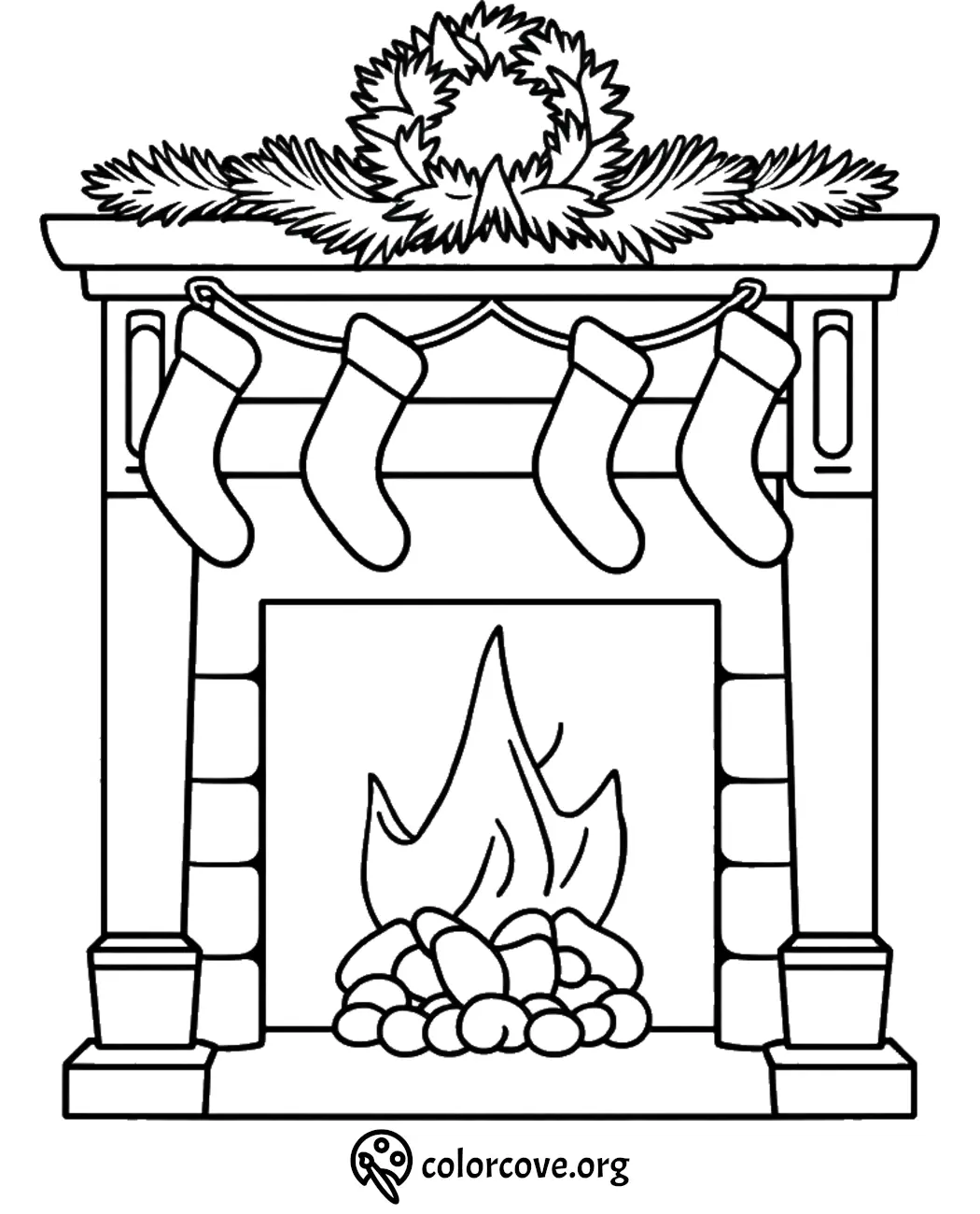 Christmas fireplace coloring page with stockings, wreath, and fire. Perfect for holiday-themed creative activities.