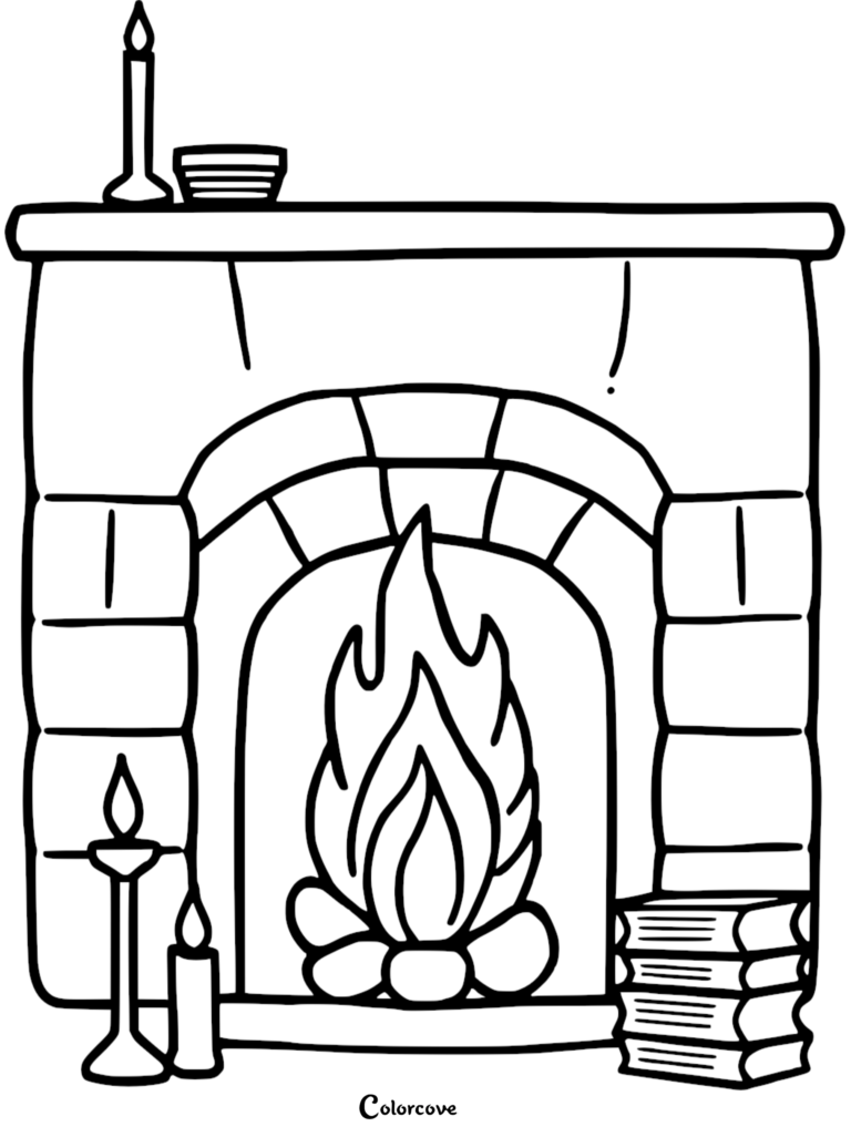 A printable coloring page featuring a stone fireplace with a crackling fire, a stack of books, and multiple lit taper candles.