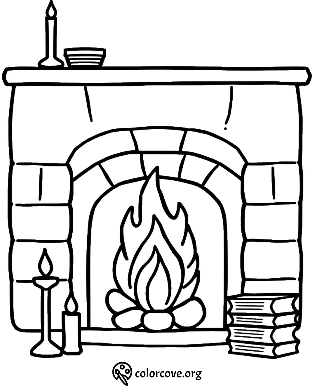 Cozy fireplace coloring page with candles, books, and a warm fire. Perfect for relaxation and creativity.