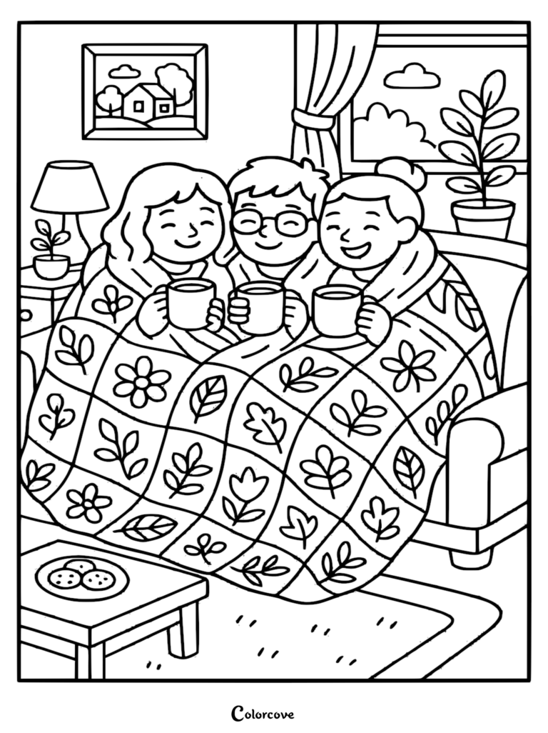 A heartwarming cozy fireplace coloring page featuring three family members huddled together under a large floral patterned blanket while holding mugs of hot cocoa, with cookies on a table nearby.