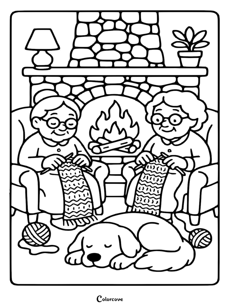 Two elderly women in glasses knitting together in armchairs by a stone fireplace with a sleeping dog on the rug in this printable coloring page.