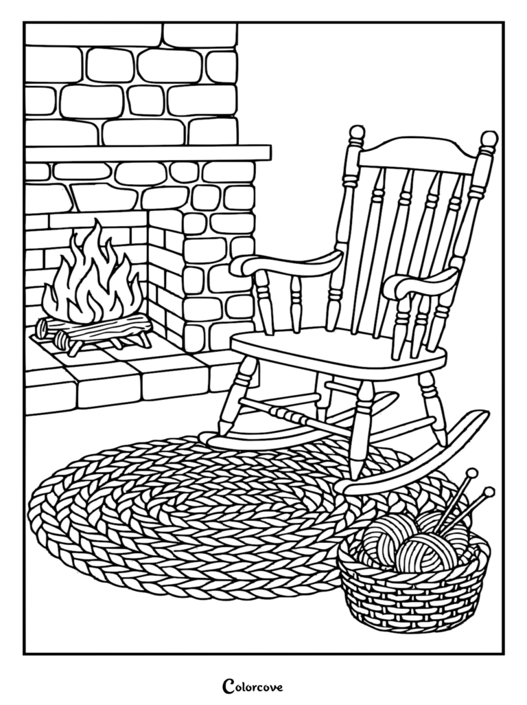 A printable coloring page featuring a classic wooden rocking chair sitting on a circular braided rug next to a glowing brick fireplace with a basket of yarn and knitting needles nearby.