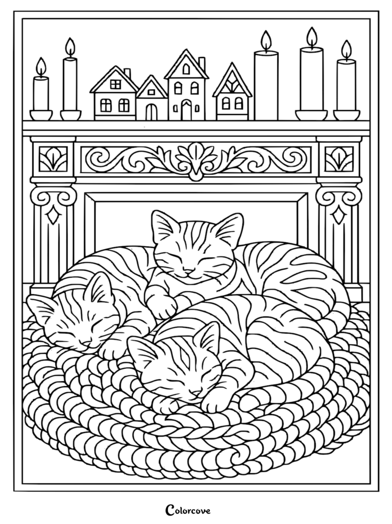 A printable coloring page featuring three tabby kittens curled up asleep on a thick braided rug in front of an ornate fireplace mantel decorated with miniature village houses and pillar candles.