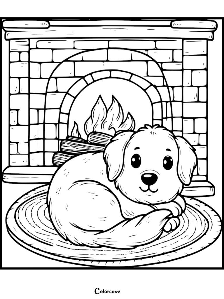 Cute cartoon puppy curled up on a circular rug in front of a brick fireplace, printable coloring page for kids.