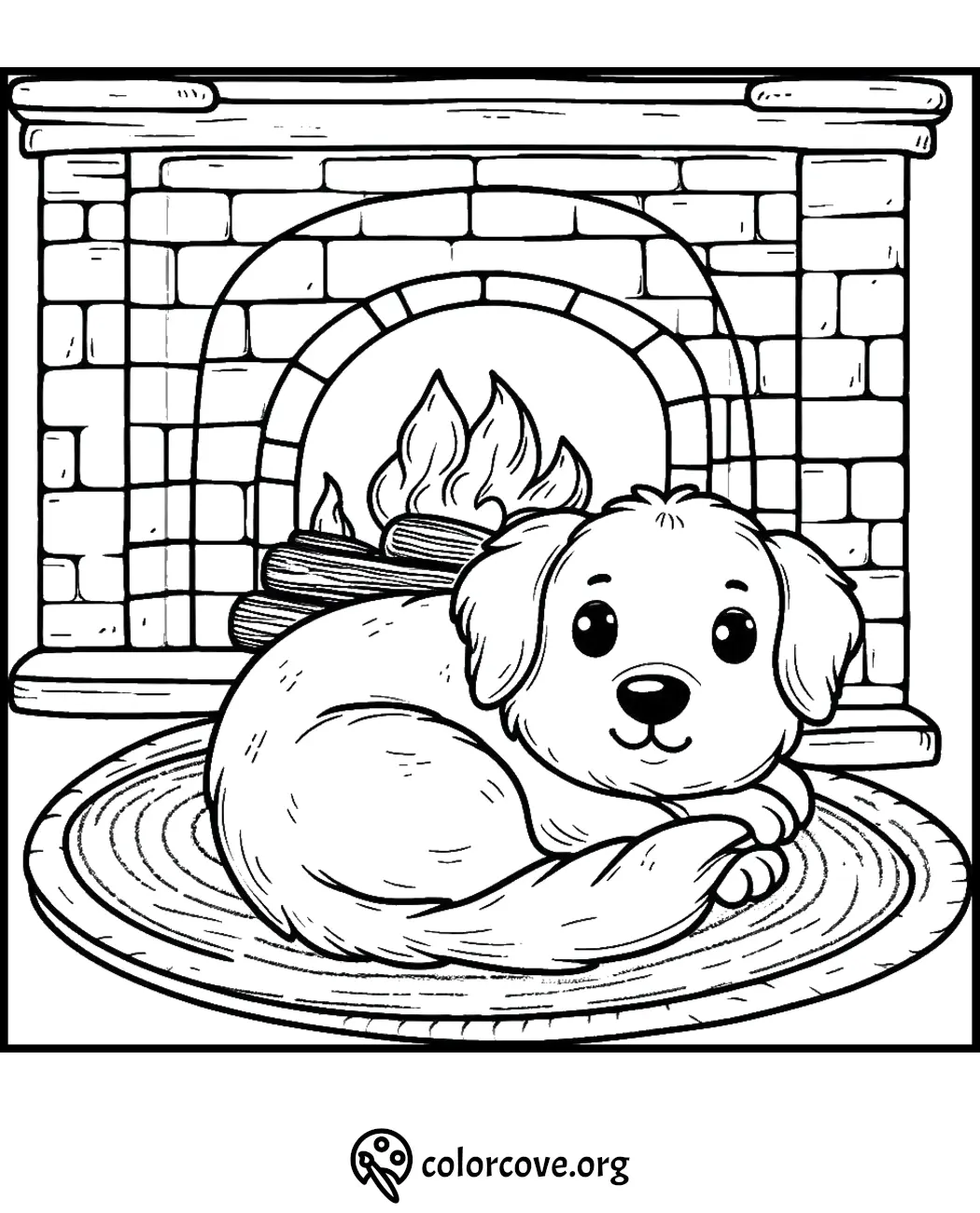 Cozy puppy resting by the fireplace coloring page for kids' fun and creativity.