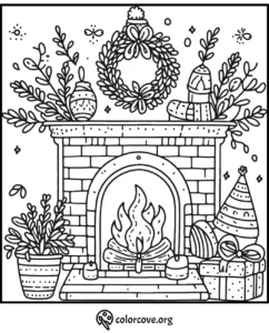 Festive fireplace coloring page with stockings, gifts, plants, ornaments, and a wreath for holiday decoration.