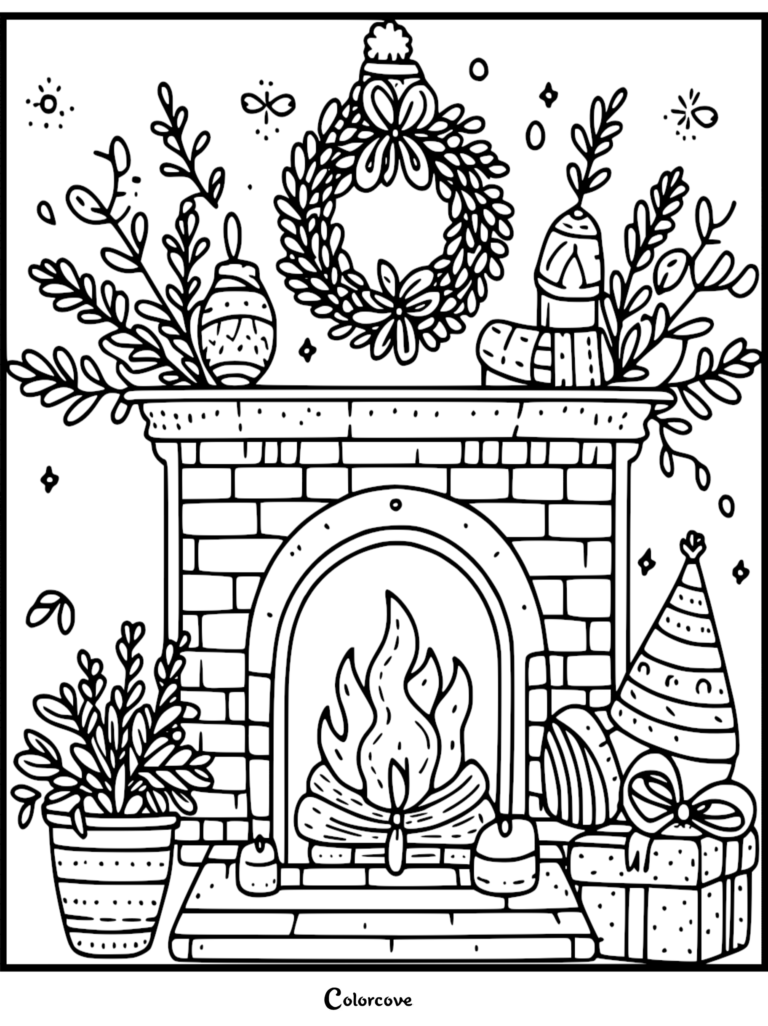 A festive fireplace mantle decorated with a wreath, potted plants, and Christmas ornaments in this detailed cozy fireplace coloring page.