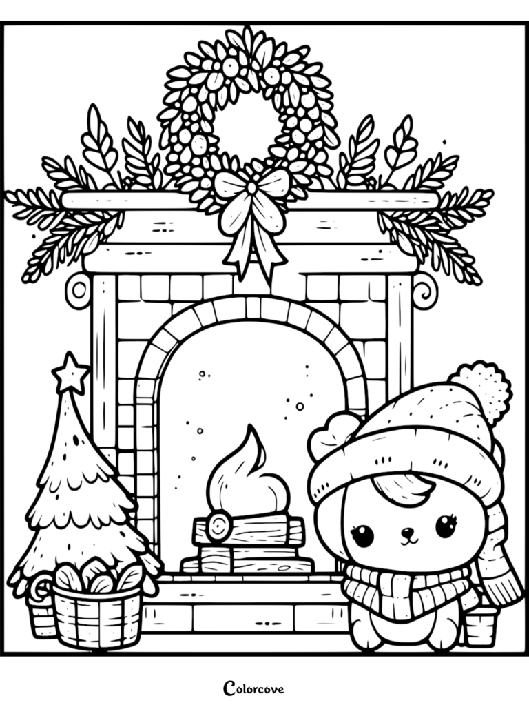 A printable coloring page featuring a kawaii animal wearing a knit hat and scarf next to a brick fireplace decorated with a holiday wreath, a small Christmas tree, and presents.